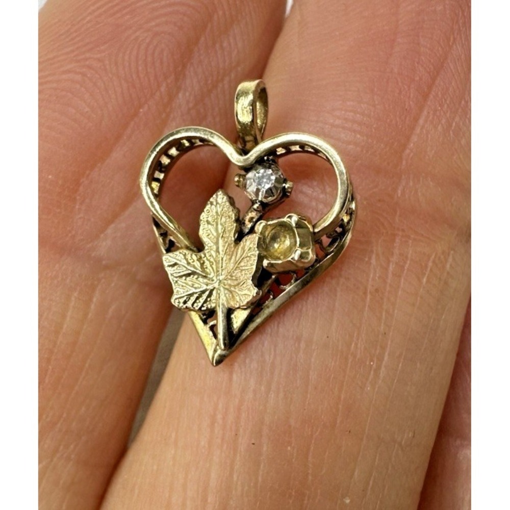14k Gold Filled PPC Charm Heart Leaf Diamond Chip‎ Pendant Signed